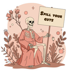 Skeleton sitting with sign 'Spill your guts' among flowers and plants  