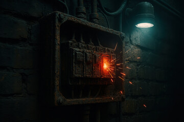 Old electrical panel sparking in dark industrial setting, malfunction causing smoke, fire hazard, urgent maintenance required