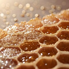 Luxury skincare visual: macro honeycomb adorned with fine glitter, radiating opulence and beauty—ideal for premium cosmetic branding.
