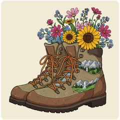 Old hiking boots filled with colorful blooming wildflowers  