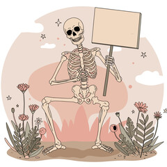Skeleton holding sign in a floral setting with soft pastel colors  