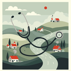 Stethoscope resembling a river winding through abstract countryside landscape  