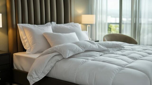White bedding pillow comforter modern bedroom bedside lamp upholstered headboard natural light cozy interior window curtain soft bedding multiple pillows bright room calm inviting atmosphere