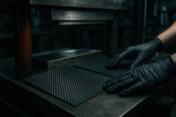 Technician with black gloves inspecting carbon fiber composite sheets in industrial manufacturing environment for quality control