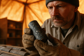 Geologist examining mineral rock sample in gloved hands, focused on analyzing core extraction indoors, scientific research concept