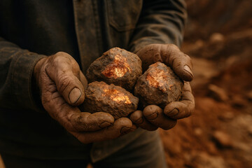 Miner holding raw gold ore nuggets with dirty hands in natural outdoor environment, precious metal extraction industry concept