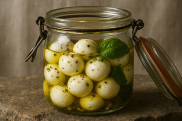 Fresh mozzarella cheese balls marinated in olive oil with herbs and spices, preserved in glass jar on rustic stone surface