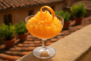 Refreshing orange granita dessert in elegant glass with orange twist garnish outdoors on rustic terrace in warm sunlight