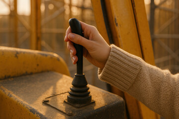 Person operating excavator control lever with hand in autumn light, controlling heavy machinery at construction worksite