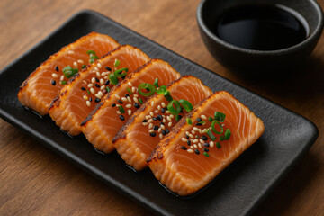 Grilled salmon sushi slices garnished with sesame seeds and green onions served on black plate with soy sauce dip