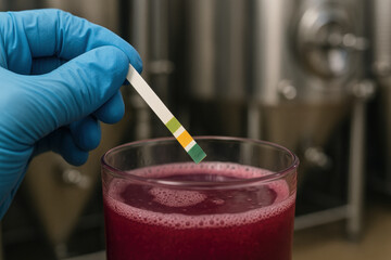 Scientist testing liquid acidity with litmus strip in laboratory setting