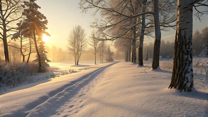 Snowy Path Leading Through Bare Trees Bathed in Golden Sunlight at Sunrise