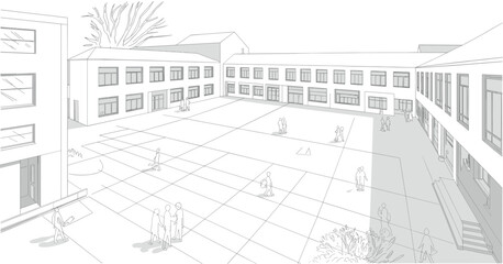 Architectural school courtyard illustration, modern campus layout design, vector line art building with people, educational exterior planning, 3D perspective drawing © Monir Worlds