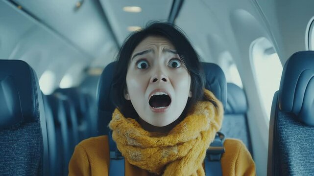 Young woman passenger with scared expression sitting in airplane seat wearing warm scarf and coat showing fear and anxiety during flight interior travel experience