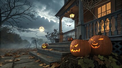 Spooky Halloween Night Jack O Lanterns on Porch Steps Under a Full Moon