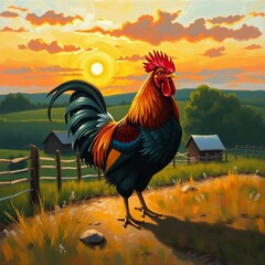A painting of beautiful rooster on a background of vibrant morning light.  