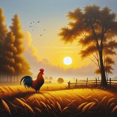 A painting of beautiful rooster on a background of serene countryside and barns.  