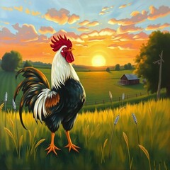 A painting of beautiful rooster on a background of sunset over golden fields.