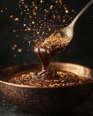 Chocolate Mixture with Golden Sprinkles in a Dark Environment