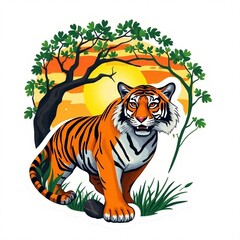 A painting of beautiful tiger on a background of sunset and tropical foliage.
