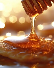Close-Up of Golden Honey Dripping onto a Freshly Made Pancake