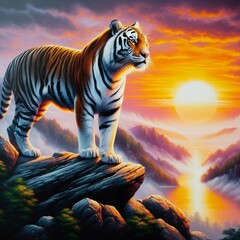 A painting of beautiful tiger on a background of mountains and glowing sun.