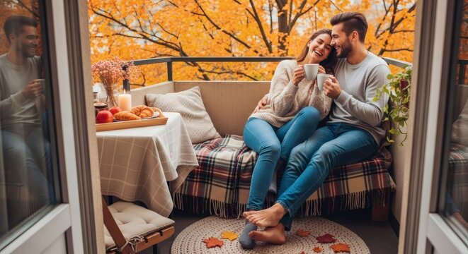 Romantic autumn afternoon with a loving couple on a cozy balcony enjoying coffee and seasonal colors