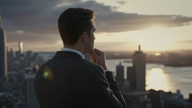 Businessman Thinking Contemplating Skyline View from Rooftop During Sunset