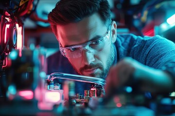 Focused Technician Working on Electronic Components in Laboratory