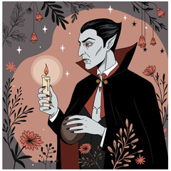Vampire holding candle while surrounded by flowers and leaves  
