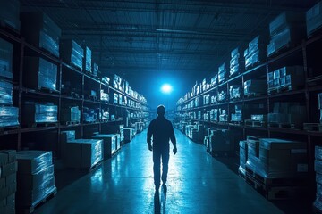 Man Standing in Dark Warehouse with Shelves of Boxes in Background
