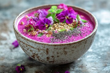 Vibrant Purple Smoothie Bowl Topped with Flowers and Seeds