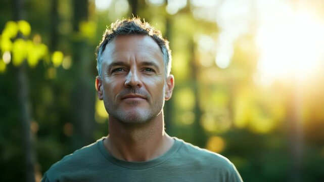 Confident middle aged man with short hair standing outdoors in soft sunlight surrounded by green foliage calm content mature adult casual clothing thoughtful relaxed nature background portrait
