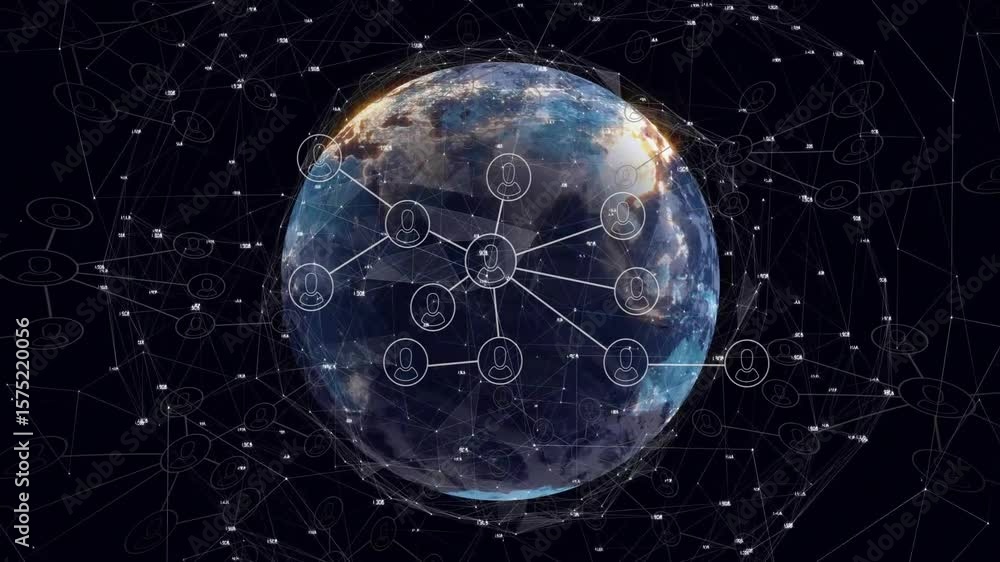 Poster rotating 3d earth globe forming icon ring, pulsing lines connecting nodes, shifting to data labels