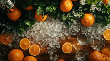 Fresh Oranges and Mint Leaves with Ice on Wooden Surface Display