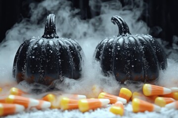 Black Pumpkins with Candy Corn and Fog for Halloween Celebration