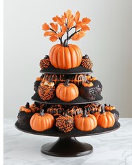 Festive Fall Cake Display with Pumpkins and Decorative Treats