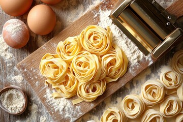 Freshly Made Pasta Roses with Eggs and Flour on Rustic Wooden Surface
