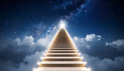 Closeup white steps reaching up to the sky with clouds
