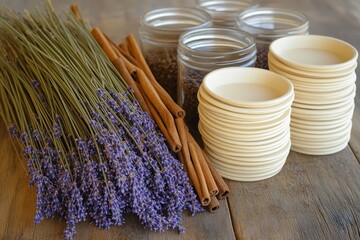 Lavender Stems, Cinnamon Sticks, Jars and Plates on Wooden Surface