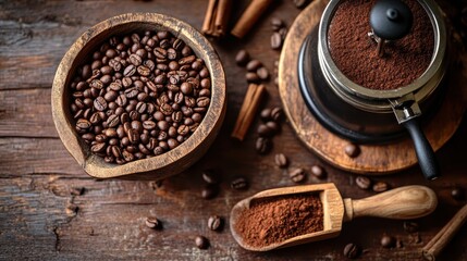 Freshly Roasted Coffee Beans and Ground Coffee on Wooden Table