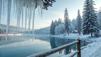 Winter Wonderland Icicles Over Tranquil Lake Reflecting Snow Covered Trees and Distant Cabin