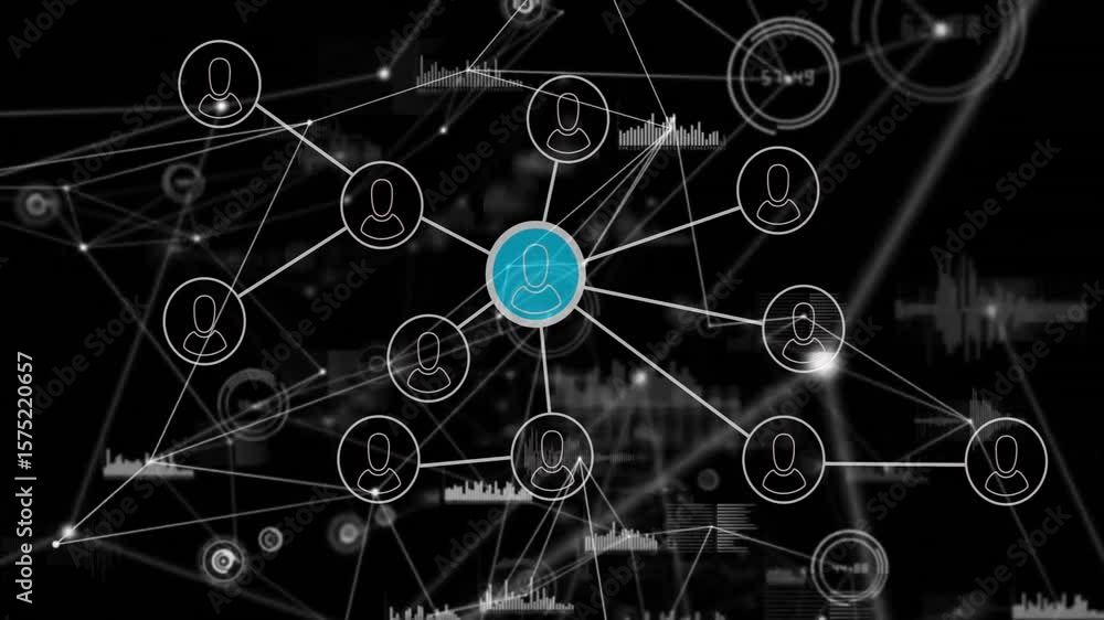 Poster central node filling turquoise radiating lines and icons visualizing network connectivity