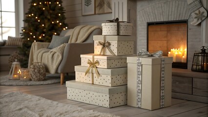 Stacked Christmas Presents with Gold Stars and Ribbons in a Cozy Room