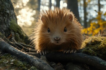 Adorable Hedgehog in Forest Surrounded by Nature and Warm Light