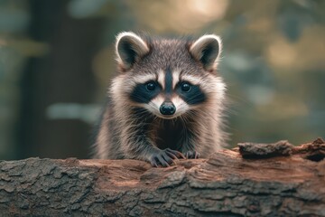 Curious Raccoon Peeking Over a Log in a Forest Environment