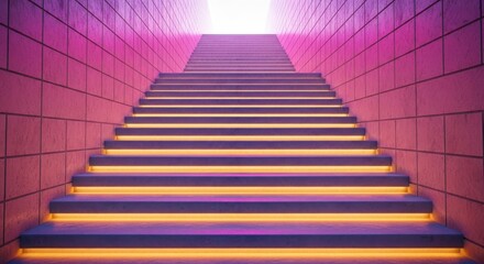 Fototapeta premium Illuminated stairway with pink walls leading to a bright light at the top