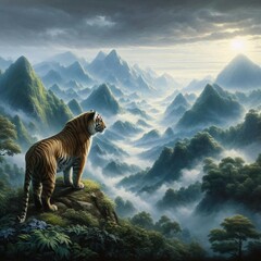 A painting of beautiful tiger on a background of dramatic landscapes and fog.