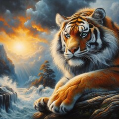 A painting of beautiful tiger on a background of sunset over rugged cliffs.