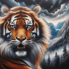 A painting of beautiful tiger on a background of dramatic skies and waterfalls.